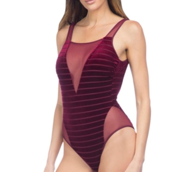 Kenneth Cole Velvet Stripe Sheer Mesh High Leg Plunging One Piece Swimsuit-M - Picture 1 of 11
